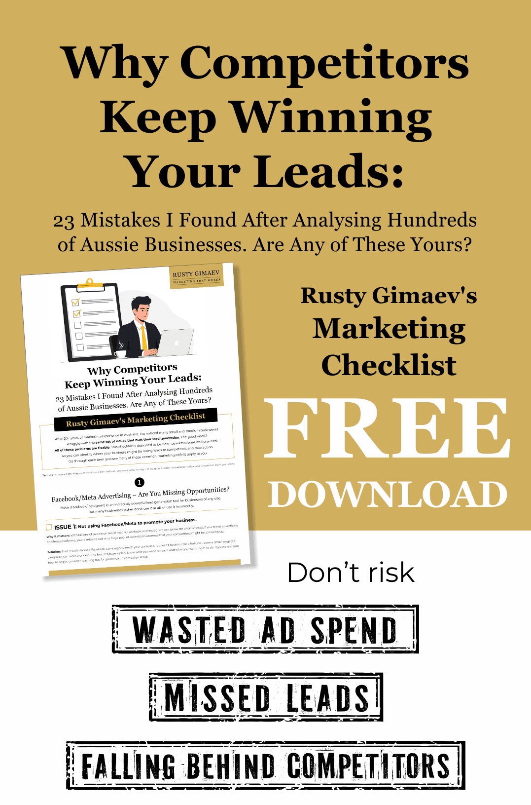 A promotional leaflet for a Free Marketing Checklist, featuring bold text: Why Competitors Keep Winning Your Leads, a free download offer, and warnings about wasted advert spend, missed leads, and falling behind competitors.